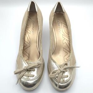 DKNY Size 9.5 FW DALE Pale Gold Shoes Wedge Pumps Lace Up‎ Mesh